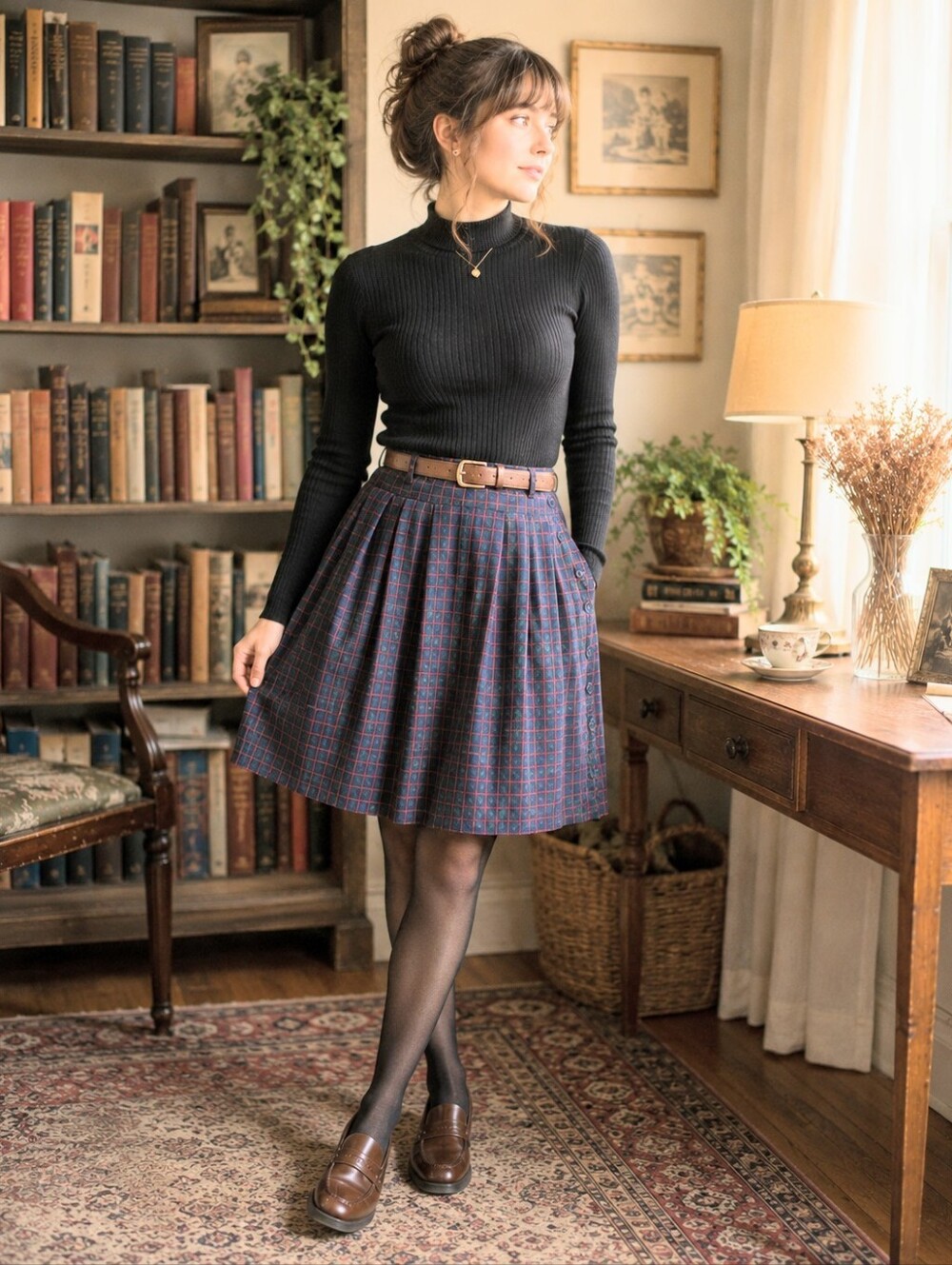 Vintage Kari The Bay Plaid Floral Pleated Midi Skirt Cotton Button Side M